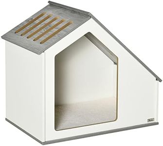 PawHut Caseta de Madera para Perros Interior Casa para Mascotas con Cojín Desenfundable Lavable y 5 Ventilaciones 84,5x54,5x75 cm Blanco
