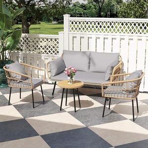 DWVO 4 Pieces Patio Furniture Set, Outdoor Wicker Bistro Set, All-Weather Rattan Conversation Set with Loveseat Chairs Table Soft Cushions for Backyard, Pool, Deck, Garden (Grey)