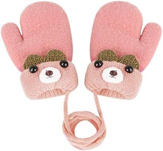 IPENNY Kids Baby Toddlers Cute Bear Winter Mittens Thick Fleece Lined Knit Gloves with Neck Hang String Full Finger Warm Ski Gloves Cold Weather Outdoor Hand Warmer Wear for Kids Ages 0 to 3