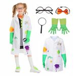 Wbesty Kids Mad Scientist Costume with Eyeglass Frames Magnifying Glasses, 5Pc Kids Lab Coat Set Dress Up for Halloween Party