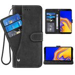 ELISORLI Compatible with Samsung Galaxy J4 Plus Wallet Case Wrist Strap Lanyard Flip Card Holder Stand Cell Accessories Phone Cover for Glaxay J4 Prime Gaxaly J4 Core J4+ 2018 Women Men-Black