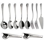 10 Pieces Silver Serving Utensils - Stainless Steel Large Slotted Serving Spoons and Forks BBQ Tongs Soup Ladll and Pie Cake Cutter Server Buffet Catering Metal Serving Utensils