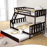 KOMFOTT Wood Twin Over Full Bunk Bed with Trundle, Pull-Out Bunk Bed with Solid Wood Frame, Ladder & Safety Guardrails, Convertible to 2 Separated Beds, No Box Spring Needed (Espresso)