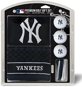 Team Golf MLB New York Yankees Gift Set: Embroidered Golf Towel, 3 Golf Balls, and 14 Golf Tees 2-3/4" Regulation, Tri-Fold Towel 16" x 22" & 100% Cotton