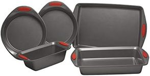 Rachael Ray Nonstick Bakeware with Grips Includes Nonstick Bread Pan, Baking Pan, Cake Pans and Cookie Sheet/Baking Sheet - 5 Piece, Gray with Red Grips