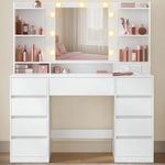 VASAGLE KAILYN Collection - Dressing Table with LED Mirror, Vanity Desk with Power Outlets, 9 Drawers, 9 Dimmable Bulbs, 3 Light Colours, Toolless Slide Rail Assembly, Cloud White RDT141WB03