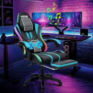 HOFFREE LED Gaming Chair with Speakers Massage Big and Tall Computer Gaming Chairs Ergonomic Reclining Heavy Duty Game Chair with Footrest Blue and Black