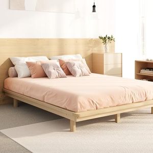 Oikiture Queen Bed Frame Solid Wood Frame Platform Bed Wooden Bed Base