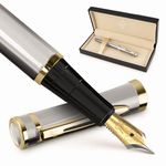 Wordsworth & Black Fountain Pen Set, 18K Gilded Broad Nib, Includes 24 Pack Ink Cartridges, Ink Refill Converter & Gift Box, Gold Finish, Calligraphy, [Silver Gold], Perfect for Men & Women