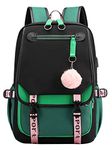 SellerFun Teenage Girls' Backpack Middle School Students Bookbag Outdoor Daypack with USB Charge Port (4# Green Black,21 Liters)