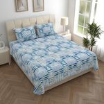 LINENWALAS 100% Pure Cotton Bedsheets For Double Bed - 200 Tc Crisp & Soft Printed Flat Bed Sheet With Pillowcases (90 X100 Double, Marble Mist, Blue, White)