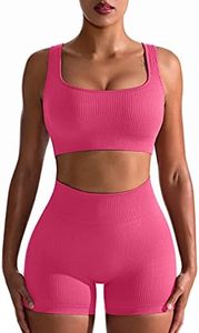 OQQ Workout Outfits for Women 2 Piece Seamless Ribbed High Waist Leggings with Sports Bra Exercise Set, Coral, Small