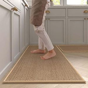 MontVoo Rugs and Mats Washable [2 PCS] Non-Skid Natural Rubber Runner Rugs Set for Kitchen Floor Front of Sink, Hallway, Laundry Room 17"x30"+17"x47" (Oats)