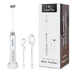 FoodVille MF09 3 in 1 Rechargeable Milk Frother Handheld with Charging Stand & 3 Stainless Steel Whisks (White Without Case)