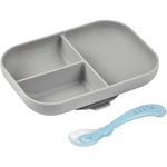 Beaba - Baby Suction Plate - Silicone Divided Plate with Suction Cup + Silicone Spoon - Sticks to The Table/Highchair Tray - Microwave Safe - Toddler Meal Set - Grey