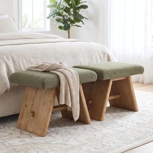 DM Furniture Green Linen Accent Stools Set of 2, Upholstered Wood Ottomans