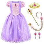 Princess Costume Dress for Girls Party Dress Up With Braid,Earings,Tiaras & Wand 6-7 Years