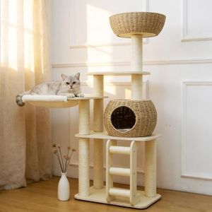Pawlabay 54 Inch Cat Tree for Indoor Cats, Tall Wooden Cat Tower with Scratching Posts, Rattan Condo and Perch, Multi-Level Cat Climber, Stylish Pet Furniture