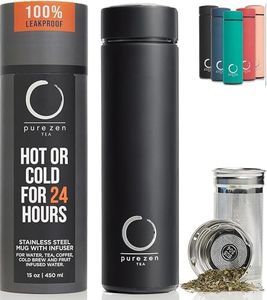 Pure Zen Tea Thermos with Infuser - Stainless Steel Insulated Tea Infuser Tumbler for Loose Leaf Tea, Iced Coffee and Fruit-Infused Water - Leakproof Tea Tumbler With Infuser - 15oz - Black