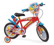 Toimsa Paw Patrol, 14 inch Bicycle/Kids Bike, with shield, bottle, adjustable seat, handlebars and training wheel stabilisers, for children/youth age 4-6 Years, Red and Blue