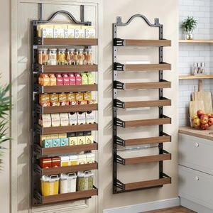 Freexployer 8-Tier Over The Door Pantry Organizer, Heavy-Duty Pantry Door Organizer with Wooden Adjustable Basket, 2 IN 1 Wall Mount or Hanging Spice Rack for Pantry, Back of Door Spice Rack, Black