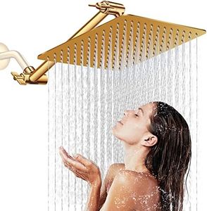 Rain Shower Head, 12'' High Pressure Shower Head with 11'' Adjustable Extension Arm,Large Square Powerful Showerhead High Flow Shower Head for Bathroom Shower - Easy to Install and Clean(Brushed Gold)