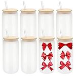 8 Pack Sublimation Glass Cups Sublimation Beer Can Shaped Cups with Bamboo Lids Borosilicate Glasses Tumbler Mason Jar Cups Mug with Glass Straw for Beer, Juice, Soda, Iced Coffee, Drinks 20oz (Frosted)