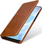 StilGut Genuine Leather Case Compatible with Huawei P30 Pro, Book Type Flip Smart Cover, Cognac Brown