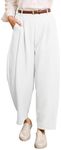 EVALESS Womens Wide Leg Barrel Pants 2025 Fashion High Waisted Baggy Work ﻿Trousers Business Casual Pants with Pockets Ladies Stretchy Elastic Waist Office Slacks White Small