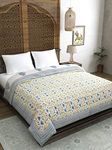 BLOCKS OF INDIA Hand Block Printed Cotton King Size Quilt (90 inch X 108 inch) (Blue JAAL)