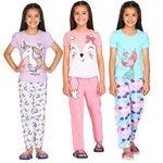 TotzTouch Cotton Girls Night Wear T Shirt & Pyjama | Night Dress For Girl Kids | Night Dresses Tee Top & Pajama Set Set Of 3 (Size Options - Age 9-10 Year) Light Pink