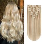 Yilite Blonde Clip in Hair Extensions Real extensions Clip in Human Hair Straight Remy Ash Blonde with Highlights Full Head Double Weft #P18/613 22 inch 120g 8Pcs