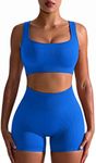 OQQ Workout Outfits for Women 2 Piece Seamless Ribbed High Waist Leggings with Sports Bra Exercise Set…, Blue, Medium