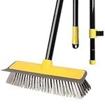 Floor Cleaning Brush with squeegee, 60” Long Handle Push Broom, Stiff Bristles Deck Broom for Bathroom Tub Tile Patio Kitchen Garden, Yellow