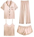 SWOMOG Womens 4pcs Pyjamas Sets Silk Satin Pyjamas Sexy Cami with Button Down Short Sleeve Shirt Pjs Sleepwear Set Champagne