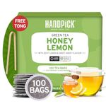 HANDPICK Honey Lemon Green Tea Bags (100 Count) All Natural Flavor | Sweet Honey & Tangy Lemon | Round & Eco-Friendly Tea Bags | Packed In Resealable Bag | Brew As Hot Or Iced Tea, 230 Gram