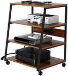 SRIWATANA 4-Tier AV Media Stand with Wheels Wooden Shelves with Charge Station Stereo Component Cabinet Storage Rack Audio Tower Corner Entertainment Center for Xbox One/Record Player/Apple TV/ps4