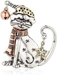 RareLove Cute Cat Santa Costumes Ring Bell Christmas Pins and Brooches Two Tone Rose Gold Silver Plated Alloy Holiday Animal Jewelry for Women Girls, Metal, no gem style