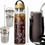 drinmoaer 1L Borosilicate Glass Water Bottle with Bamboo Lid and 2 Tea Infuser Sets for Fruit Infused Water and Cold Brew Coffee - Glass Travel Tumbler with Strainer for Loose Leaf Tea (Flower)