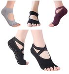 RuiChy Yoga Socks for Women, 4 Pairs Non Slip Toeless Five Toe Socks Cotton Slipper Socks for Dance Pilates Barre