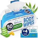 XL Body Wipes for Adults Bathing No Rinse - 50 Ct. + 4 Travel Shower Wipes - 9"x12" Thick Cleansing Bath Wash Wipes for Elderly Incontinence - Disposable Washcloths, Camping Essentials for Women & Men