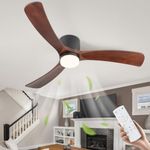 GESUM 52" Ceiling Fan with Lights Remote Control, Low Profile Ceiling Fan with 3 Walnut Wood Blades, Reversible,Dimmable, Flush Mount Ceiling Fans for Living Room Kitchen Bedroom(Black+Walnut)