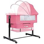 Baby Bassinet Bedside Sleeper, 3 in 1 Bedside Bassinet for Baby with Mosquito Nets and Wheels, Large Storage Bag, Heigt Adjustable, Easy Assemble (Pink)