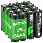 BATZONE Rechargeable AA Batteries 16 Piece, 1200 Tech AA Batteries, Ni-MH 2800mAh AA Battery, Low Self-Discharge 1.2V AA Battery, with 2 x Battery Protection Boxes