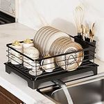 MAJALiS Dish Drying Rack for Kitchen Counter, Dish Drainer with Drainboard Set and Utensil Holder, Durable Stainless Steel Dish Dryer Rack, Kitchen Organizer and Storage, Black