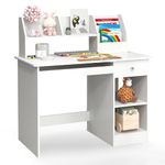 GYMAX Wooden Kids Desk, Children Study Table with Drawer, Tabletop Bookshelf, Keyboard Tray, Shelves & Hutch, White Computer Desk Student Writing Table for Home School Use (White)