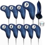 FINGER TEN Golf Club Head Covers for Irons Magnetic Closure Long Cover Value 9pcs/Set, Number Printed both Sides Headcovers Deluxe Synthetic Leather Professional (Blue)