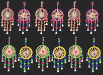 Just Flowers Handmade Colorful Ring Pom Pom Hanging for Home Decor | Pom Pom with Bells for Wedding/Event/Mehandi/Haldi/Stage Backdrop Decoration | Rajasthani Decoration Items Set of (12)