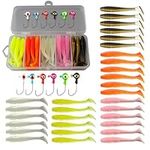 36 Pcs Fishing Lures with Heads Hooks Kit Artificial Soft Plastic Grubs Soft Fishing Soft Lures for Bass Freshwater Saltwater Crappie Trout