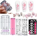 15in1 French Tip Nail Stamp, Nail Stamping Kit with 1pcs Nail Art Stamper, Nail Scraper, 2pcs Nail Stamping Plate, 1pcs Pink UV Nail Dryer Lamp,20PCS Nail Protector for Nail Painting (15PCS-0305SET_F, Clear)